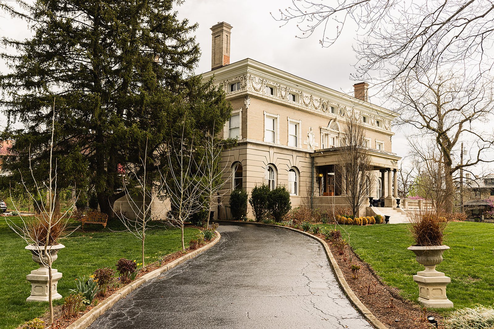 Marion Hall Mansion's façade and entrance drive in North Avondale