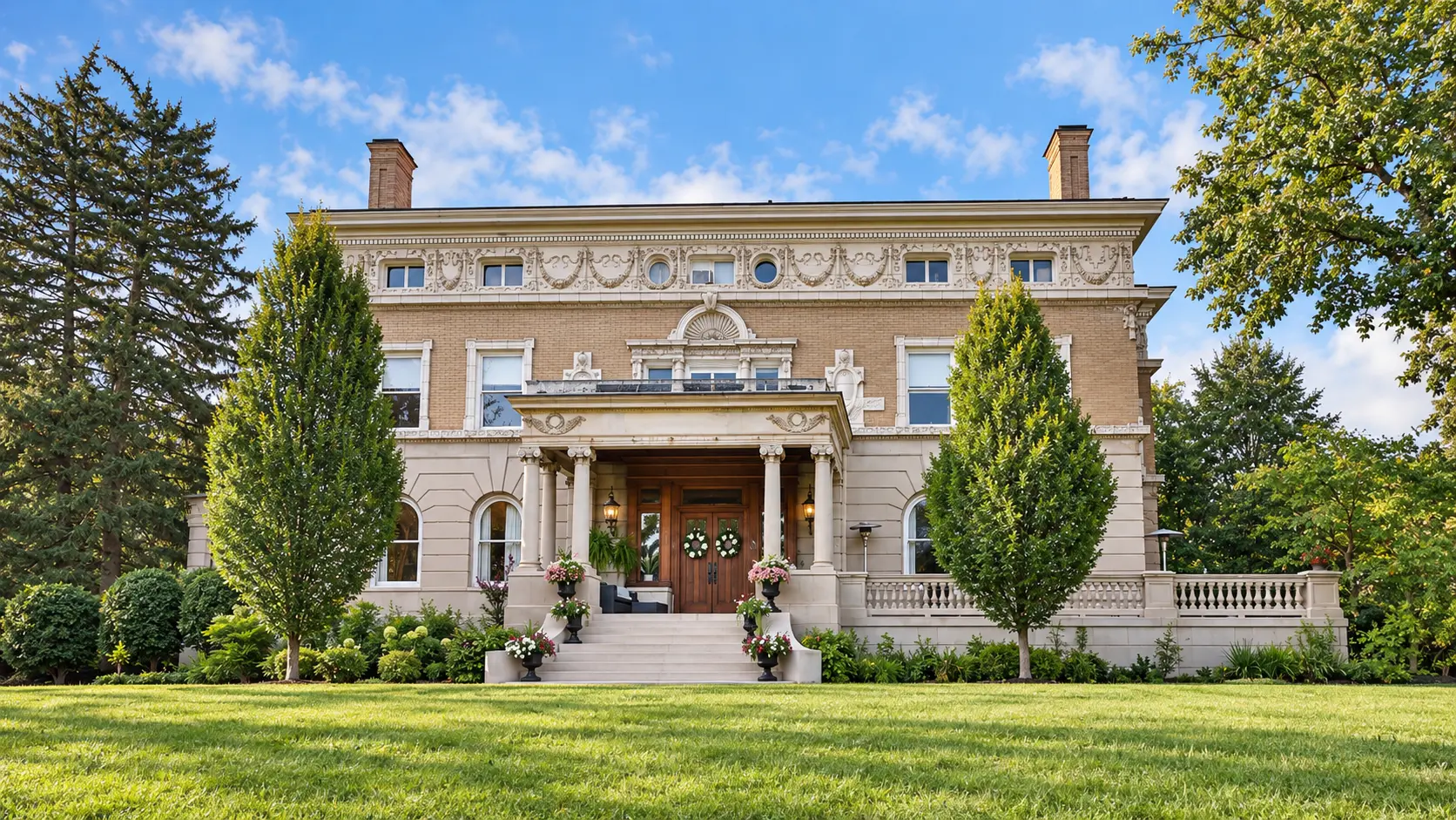 Marion Hall Mansion seen from the front lawn, its columned entrance portico framed by trees